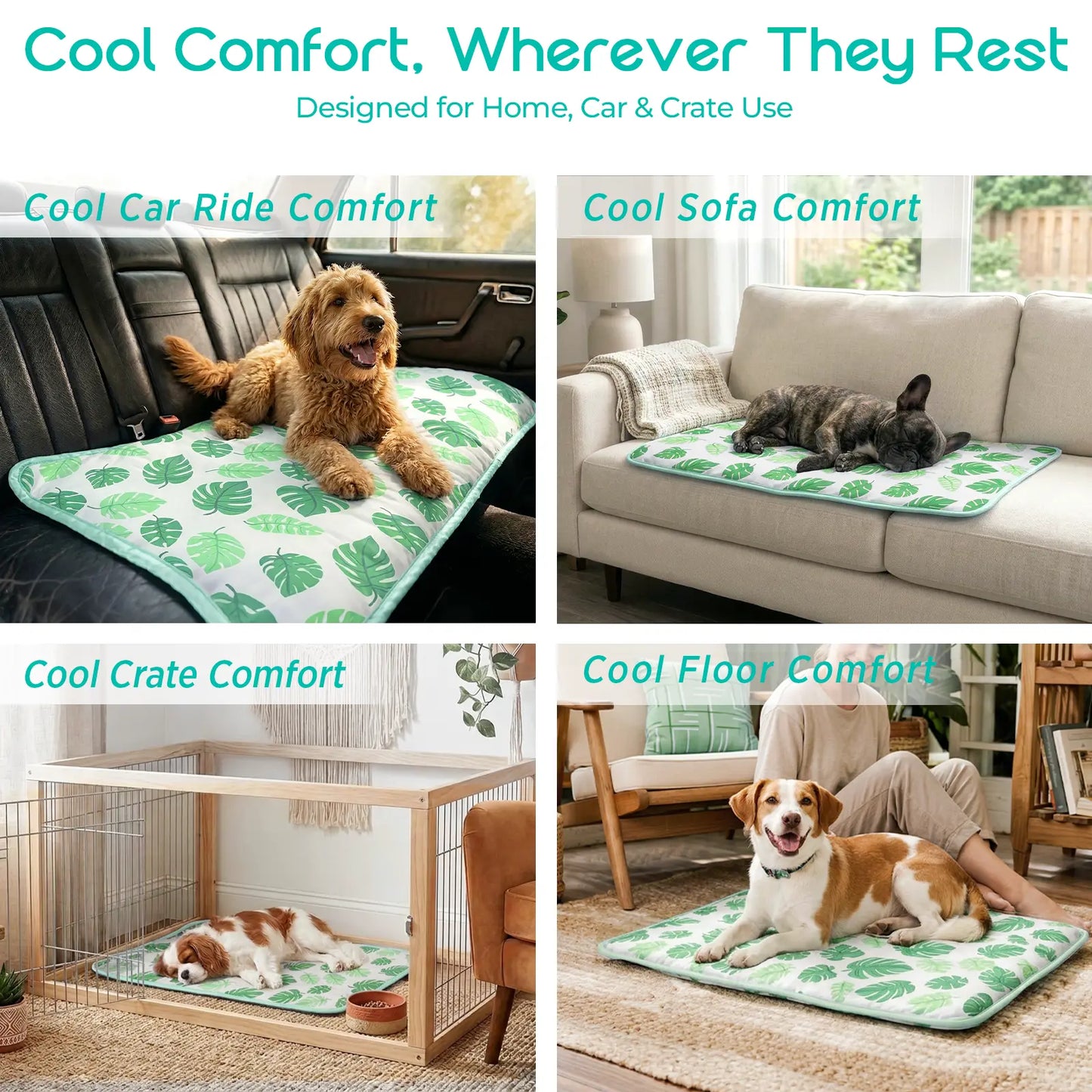 Pet Cooling Mat for Dogs and Cats, Soft and Breathable Self-Cooling Pad, 23" x 18" Washable Non-Slip Crate Mat for Indoor and Outdoor Use, Leaf Design